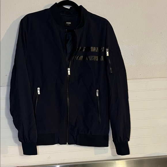 Fendi Men’s Navy Blue Bomber Jacket with Gloss Stripe Accents